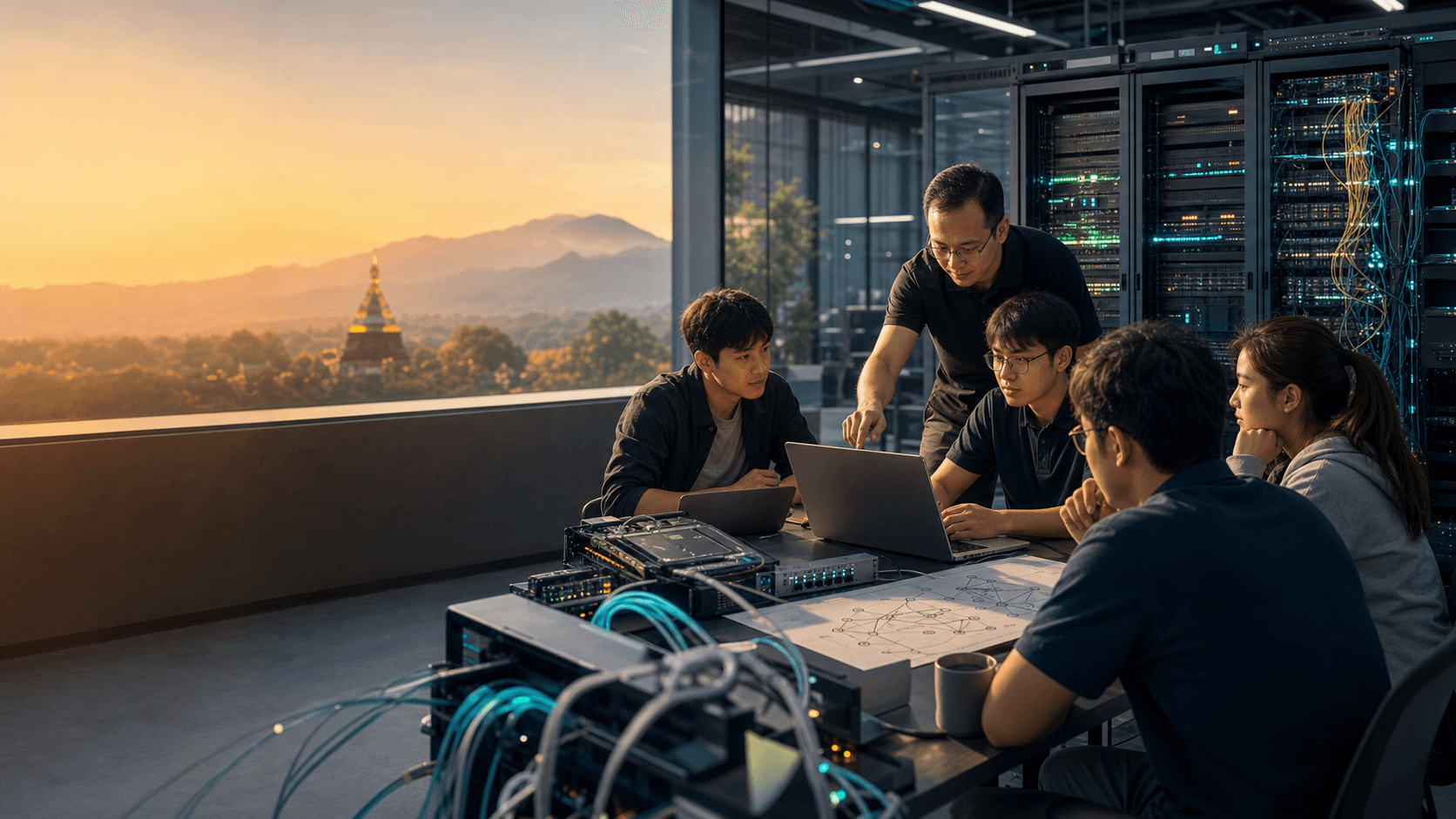 HPC networking training lab with students, server racks, and Chiang Mai mountain light